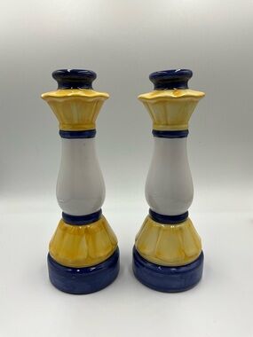 Vintage CandleHolders Set of 2  Ceramic Yellow and Blue Decorative